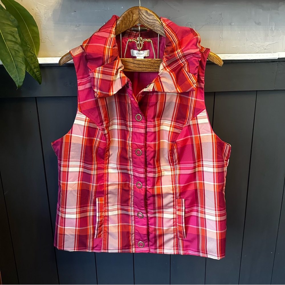 CJ Banks Womens Plus‎ Size 1X Plaid Snap Up Ruffle Collar Pocket Vest Pink EUC